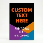 Custom black purple and orange geometric A-frame sign with bold orange message text on black panel and white additional text and phone number on colorful geometric lower section for Los Angeles creative business salon or cafe