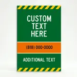 Custom green and orange hazard stripe A-frame sign with large white message zone orange phone number banner and additional text line for Los Angeles landscaping contractor or outdoor service business