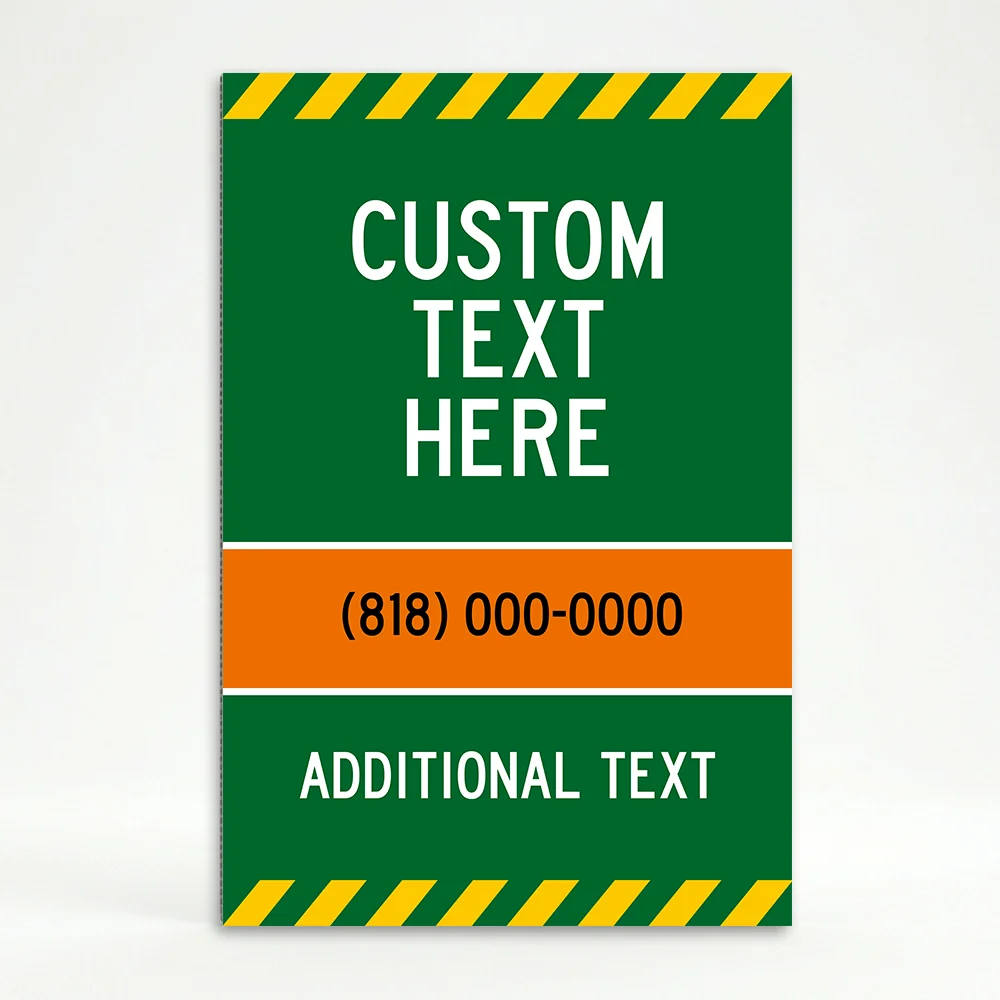 Custom green and orange hazard stripe A-frame sign with large white message zone orange phone number banner and additional text line for Los Angeles landscaping contractor or outdoor service business