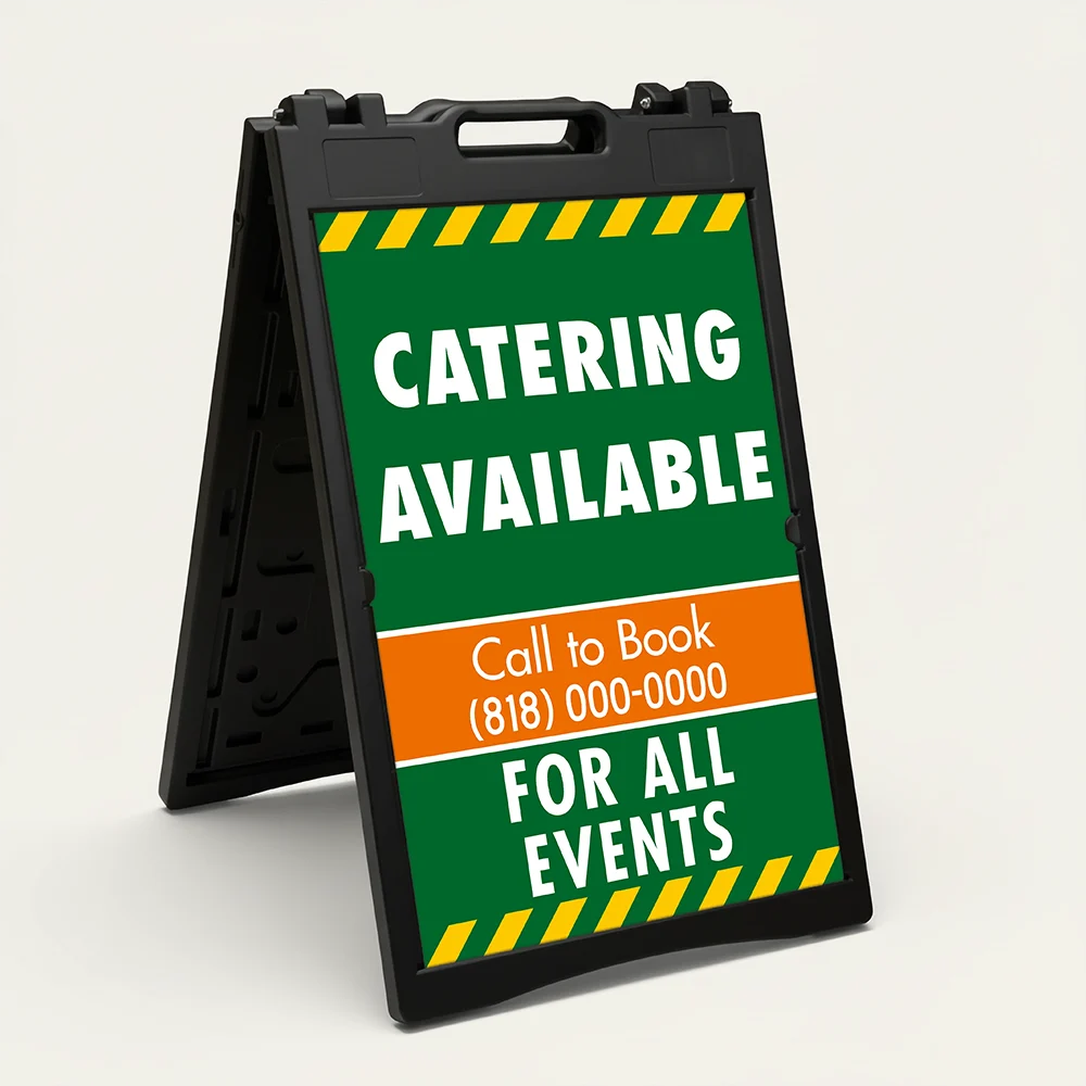 Custom green and orange hazard stripe A-frame sign with large white message zone orange phone number banner and additional text line for Los Angeles landscaping contractor or outdoor service business