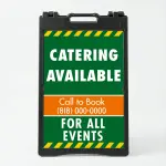 Custom green and orange hazard stripe A-frame sign with large white message zone orange phone number banner and additional text line for Los Angeles landscaping contractor or outdoor service business