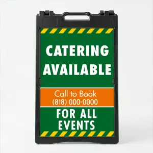 Custom green and orange hazard stripe A-frame sign with large white message zone orange phone number banner and additional text line for Los Angeles landscaping contractor or outdoor service business