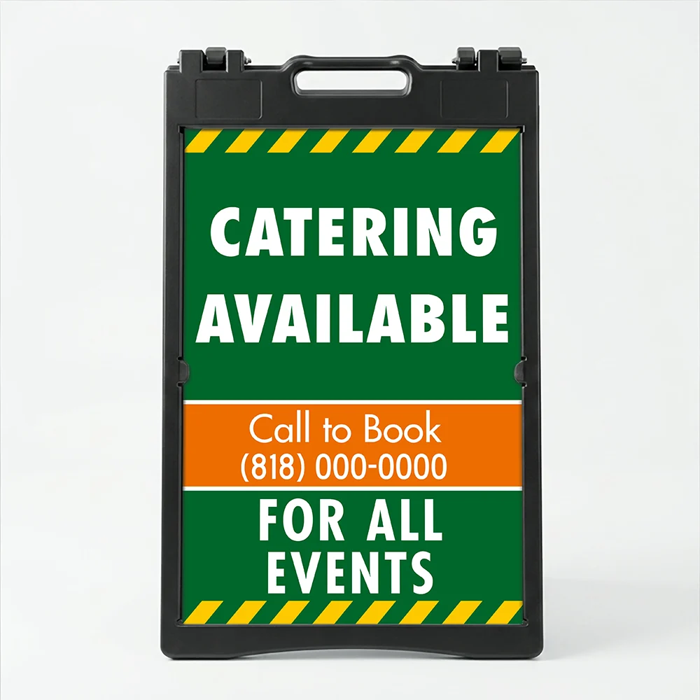Custom green and orange hazard stripe A-frame sign with large white message zone orange phone number banner and additional text line for Los Angeles landscaping contractor or outdoor service business