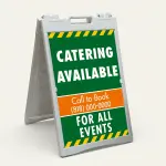 Custom green and orange hazard stripe A-frame sign with large white message zone orange phone number banner and additional text line for Los Angeles landscaping contractor or outdoor service business