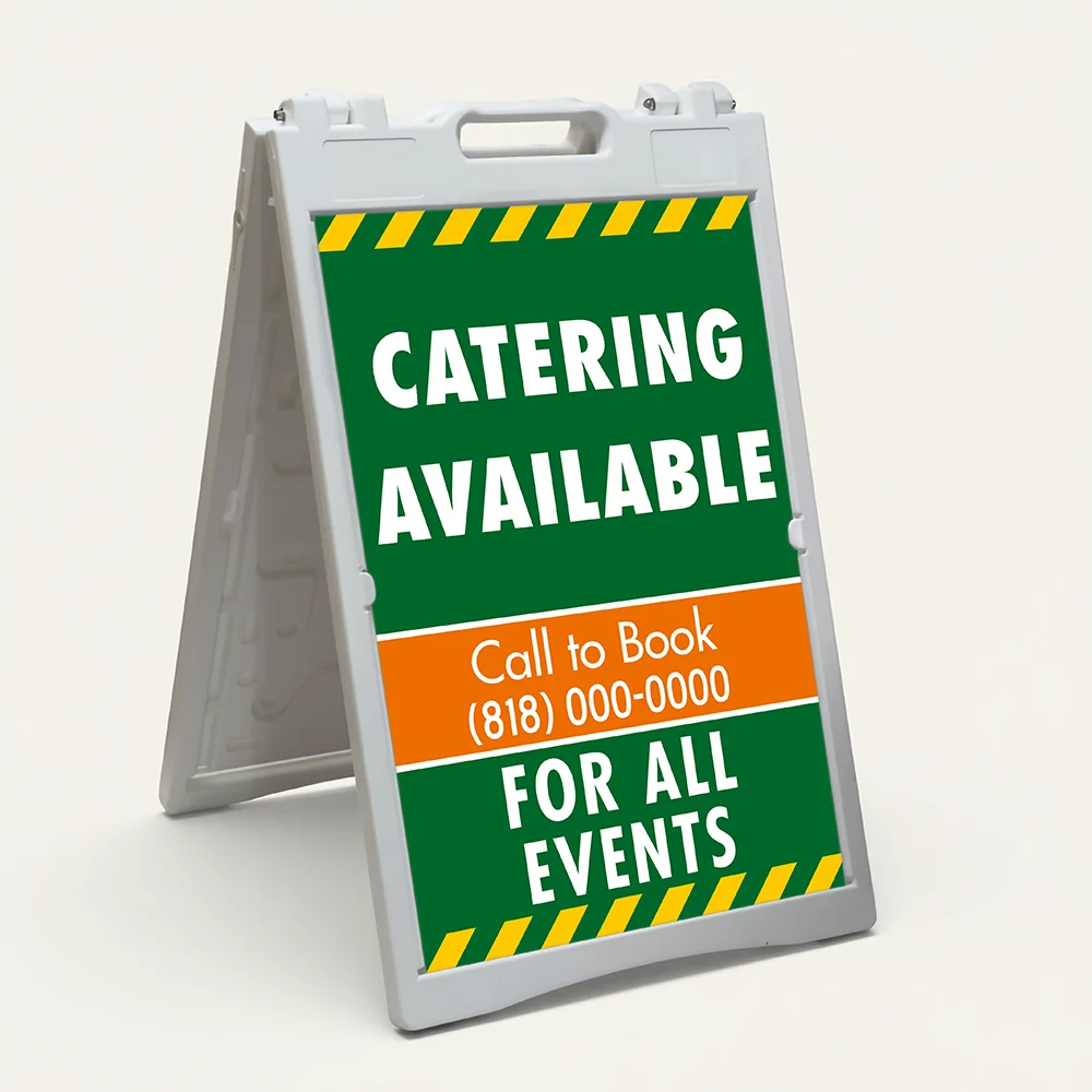 Custom green and orange hazard stripe A-frame sign with large white message zone orange phone number banner and additional text line for Los Angeles landscaping contractor or outdoor service business