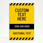 Custom yellow and black hazard stripe A-frame sign with large black message zone black contact banner for phone and website and additional text line for Los Angeles contractor trades professional or service business
