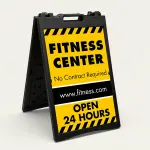 Custom yellow and black hazard stripe A-frame sign with large black message zone black contact banner for phone and website and additional text line for Los Angeles contractor trades professional or service business