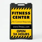 Custom yellow and black hazard stripe A-frame sign with large black message zone black contact banner for phone and website and additional text line for Los Angeles contractor trades professional or service business
