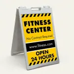 Custom yellow and black hazard stripe A-frame sign with large black message zone black contact banner for phone and website and additional text line for Los Angeles contractor trades professional or service business