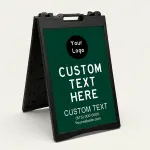Custom full panel branded hunter green A-frame sign with circular logo zone large message text and contact section with phone and website for Los Angeles business or storefront