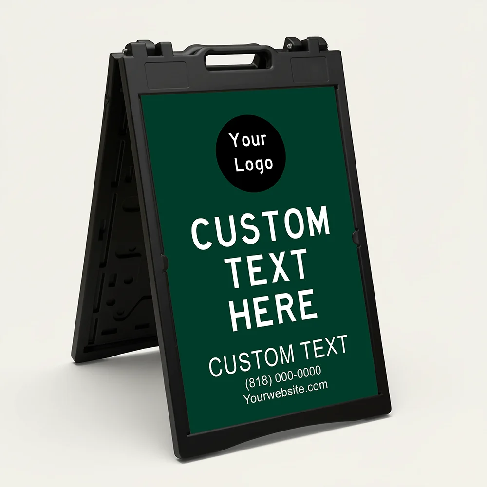Custom full panel branded hunter green A-frame sign with circular logo zone large message text and contact section with phone and website for Los Angeles business or storefront