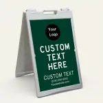 Custom full panel branded hunter green A-frame sign with circular logo zone large message text and contact section with phone and website for Los Angeles business or storefront