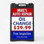 Custom three panel business A-frame sign with red upper business name section white center message zone and blue lower contact section for Los Angeles service business or retail store