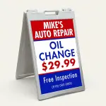 Custom three panel business A-frame sign with red upper business name section white center message zone and blue lower contact section for Los Angeles service business or retail store