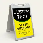 Custom black and yellow split wave A-frame sign with sweeping wave divider bold white headline in black upper section and customizable message in yellow lower section for Los Angeles retail store restaurant or service business