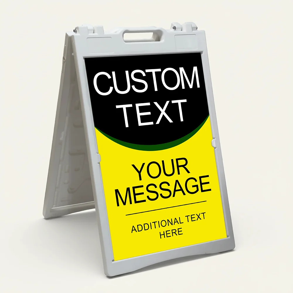 Custom black and yellow split wave A-frame sign with sweeping wave divider bold white headline in black upper section and customizable message in yellow lower section for Los Angeles retail store restaurant or service business