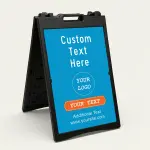 Custom full panel branded A-frame sign with sky blue background orange ribbon banner logo placement and custom message for Los Angeles business or storefront