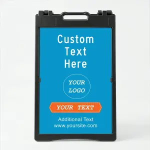 Custom full panel branded A-frame sign with sky blue background orange ribbon banner logo placement and custom message for Los Angeles business or storefront