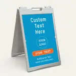 Custom full panel branded A-frame sign with sky blue background orange ribbon banner logo placement and custom message for Los Angeles business or storefront