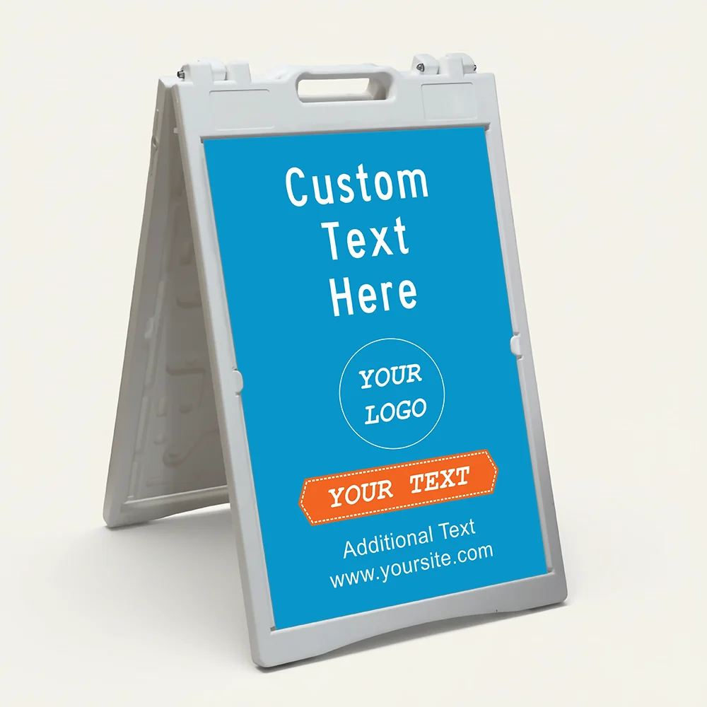 Custom full panel branded A-frame sign with sky blue background orange ribbon banner logo placement and custom message for Los Angeles business or storefront