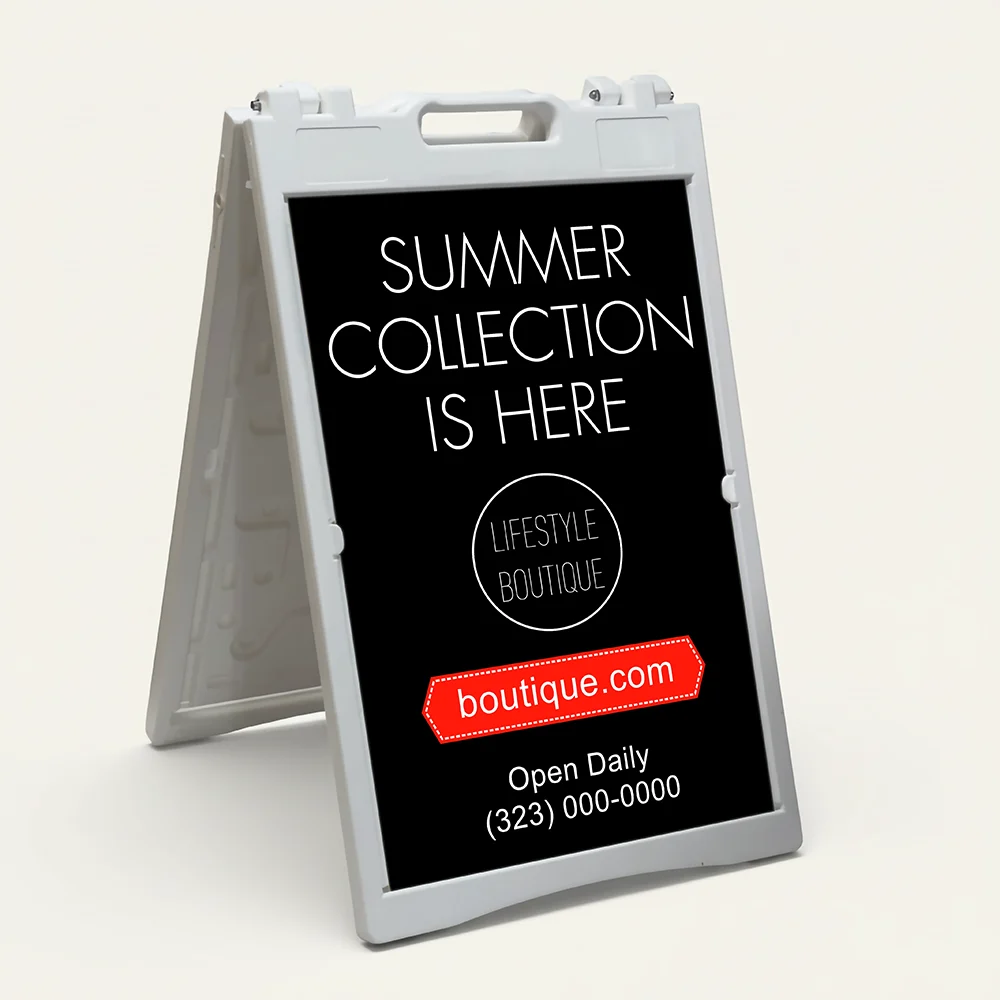 Custom full panel branded black A-frame sign with red ribbon banner logo placement and custom message for Los Angeles boutique restaurant or storefront
