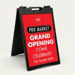 Custom red and black logo and brand message A-frame sign with circular logo zone black arrow brand name banner large custom message and additional text line for Los Angeles retail store restaurant or service business