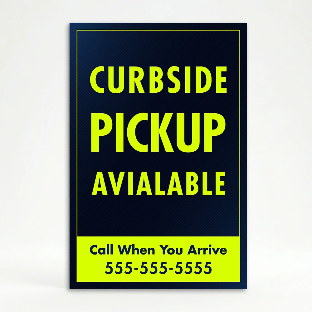 Custom navy and neon yellow curbside pickup A-frame sign with bold curbside pickup available text and customizable yellow contact box for Los Angeles restaurant retail store or grocery business