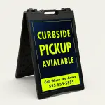 Custom navy and neon yellow curbside pickup A-frame sign with bold curbside pickup available text and customizable yellow contact box for Los Angeles restaurant retail store or grocery business