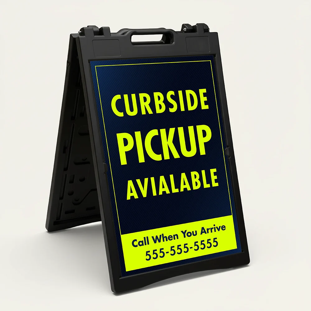 Custom navy and neon yellow curbside pickup A-frame sign with bold curbside pickup available text and customizable yellow contact box for Los Angeles restaurant retail store or grocery business