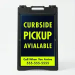 Custom navy and neon yellow curbside pickup A-frame sign with bold curbside pickup available text and customizable yellow contact box for Los Angeles restaurant retail store or grocery business
