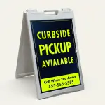 Custom navy and neon yellow curbside pickup A-frame sign with bold curbside pickup available text and customizable yellow contact box for Los Angeles restaurant retail store or grocery business