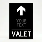Custom branded valet directional A-frame sign with white arrow custom color business name and white valet text on black panel for Los Angeles hotel restaurant or event venue