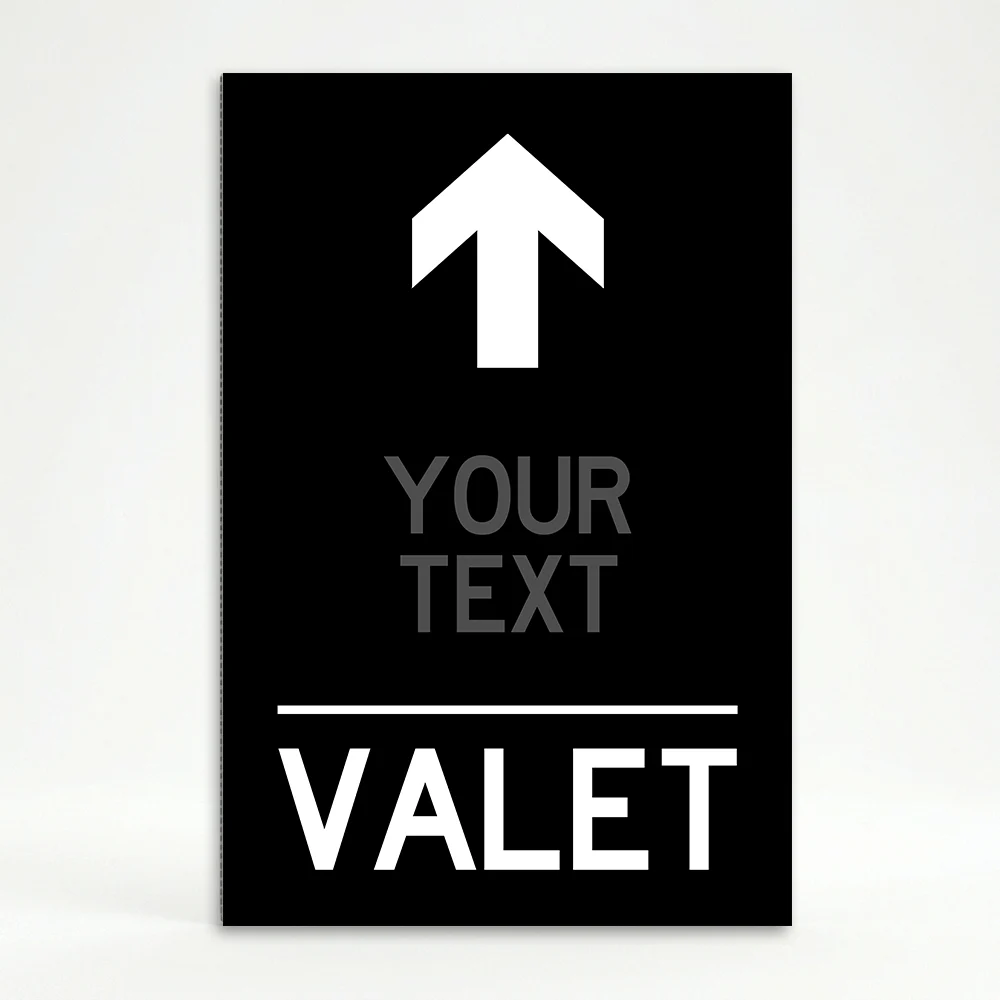 Custom branded valet directional A-frame sign with white arrow custom color business name and white valet text on black panel for Los Angeles hotel restaurant or event venue
