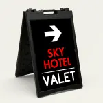 Custom branded valet directional A-frame sign with white arrow custom color business name and white valet text on black panel for Los Angeles hotel restaurant or event venue