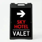 Custom branded valet directional A-frame sign with white arrow custom color business name and white valet text on black panel for Los Angeles hotel restaurant or event venue