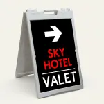 Custom branded valet directional A-frame sign with white arrow custom color business name and white valet text on black panel for Los Angeles hotel restaurant or event venue