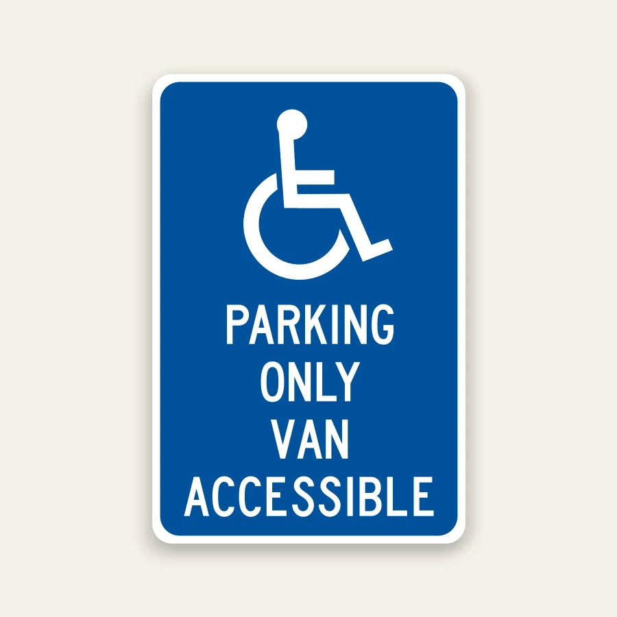 Blue and white ADA Parking Only Van Accessible sign with international symbol of accessibility.