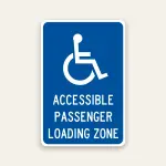 Blue and white ADA Accessible Passenger Loading Zone sign with international symbol of accessibility.