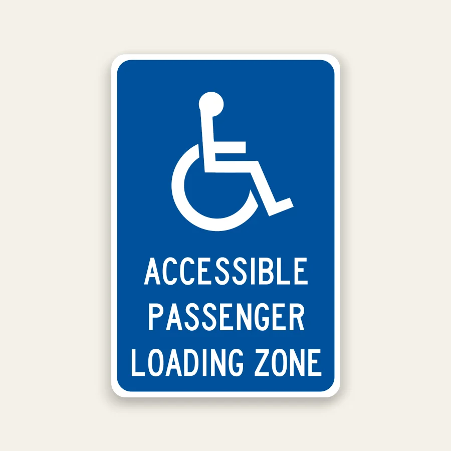 Blue and white ADA Accessible Passenger Loading Zone sign with international symbol of accessibility.