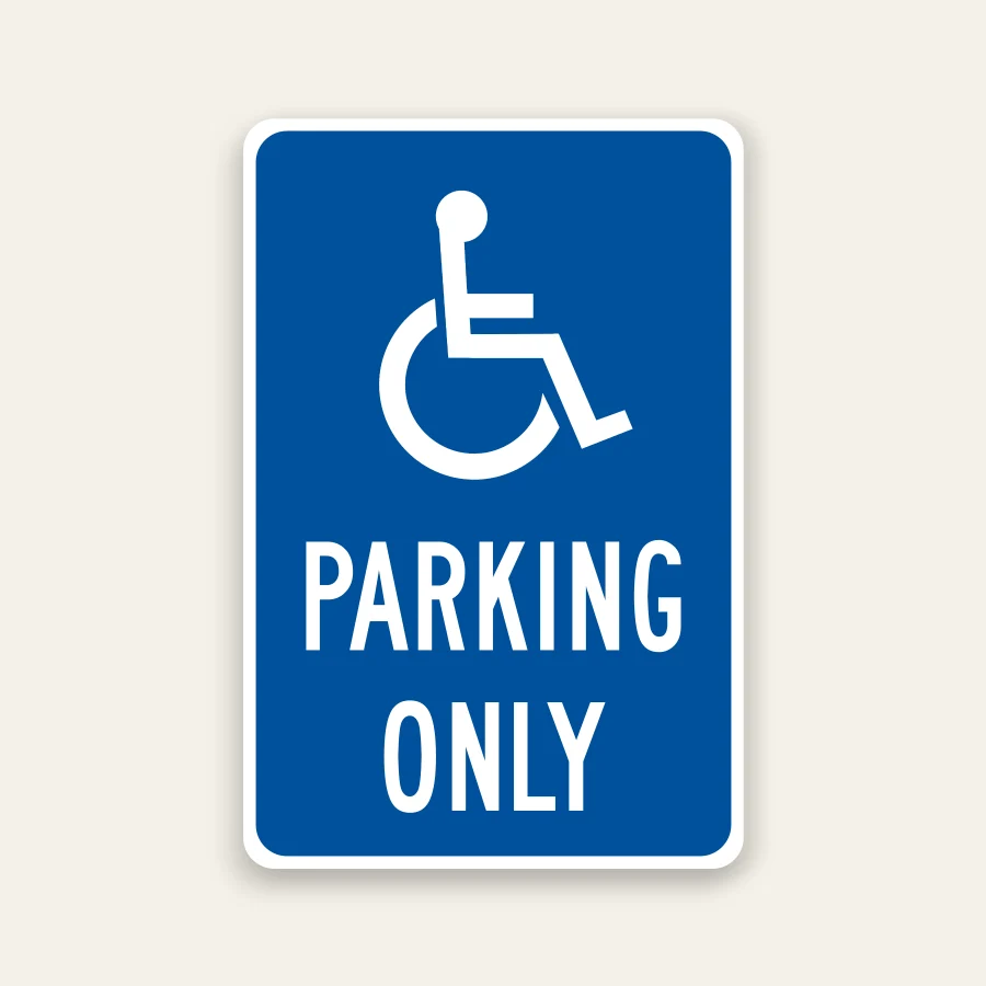 Blue and white ADA Parking Only sign with international symbol of accessibility.