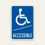 Blue and white Accessible sign with wheelchair symbol, diagonal ramp line, and ACCESSIBLE text for wayfinding.