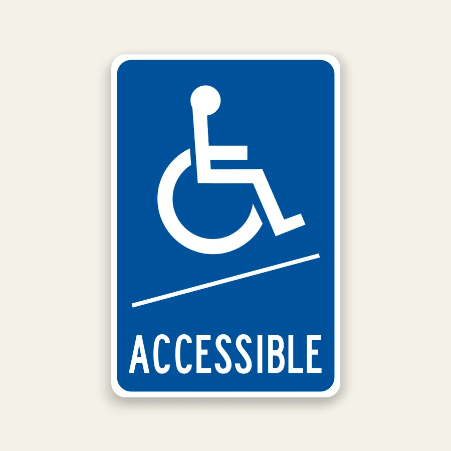 Blue and white Accessible sign with wheelchair symbol, diagonal ramp line, and ACCESSIBLE text for wayfinding.