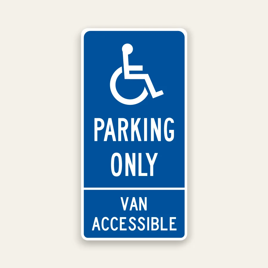 Blue and white ADA Parking Only Van Accessible sign with horizontal divider separating a dedicated van panel.
