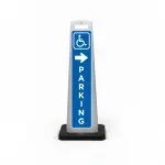 Blue and white handicap accessible parking flat cone sign with framed square wheelchair symbol at top, white right arrow, and vertical PARKING lettering.