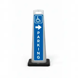 Blue and white handicap accessible parking flat cone sign with framed square wheelchair symbol at top, white right arrow, and vertical PARKING lettering.
