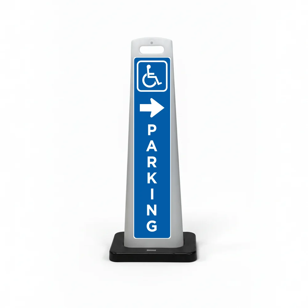Blue and white handicap accessible parking flat cone sign with framed square wheelchair symbol at top, white right arrow, and vertical PARKING lettering.
