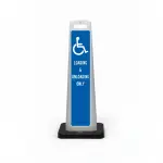 Blue and white handicap flat cone sign with large wheelchair symbol at top and LOADING & UNLOADING ONLY lettering below.