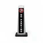 Black no parking flat cone sign with red and white no parking symbol at top and white vertical NO PARKING lettering below.