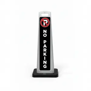 Black no parking flat cone sign with red and white no parking symbol at top and white vertical NO PARKING lettering below.