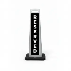 Black flat cone sign with bold white vertical RESERVED lettering and no symbol or arrow.
